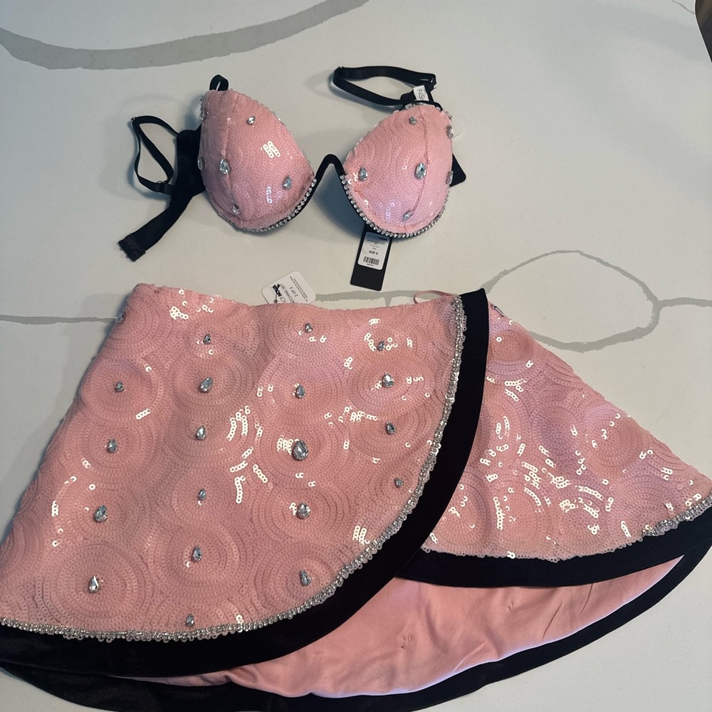 Pink Sequin Bra and Skirt Set